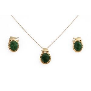 DeCurtis 14kt Gold Overlay Green Jade Necklace & Screw-Back Earrings Set w/Box